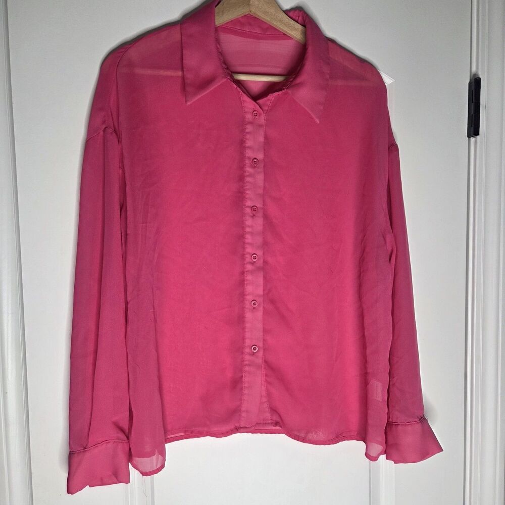Medium Amazon Hot Pink Sheer Womens Button Up Shirt